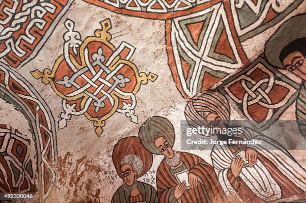 Details of the frescoes on the ceiling of Abuna Yemata Guh church.