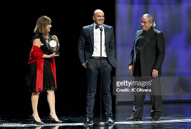 Politician Loretta Sanchez, Rafael Agustin, winner of the Emerging Leader award, and actor Edward James Olmos speak onstage during The Los Angeles...