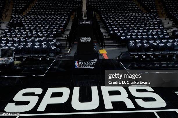 The Western Conference Finals logo is shown before Game One of the Western Conference Finals between the San Antonio Spurs and the Oklahoma City...
