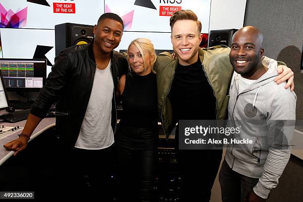 Olly Murs visits Ricky, Melvin and Charlie on Kiss Breakfast at Kiss FM on October 12, 2015 in London, England.