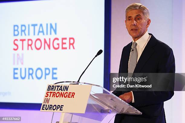 Former Marks and Spencer's boss and the current chairman of the 'Britain Stronger in Europe' campaign Lord Stuart Rose speaks during a press...