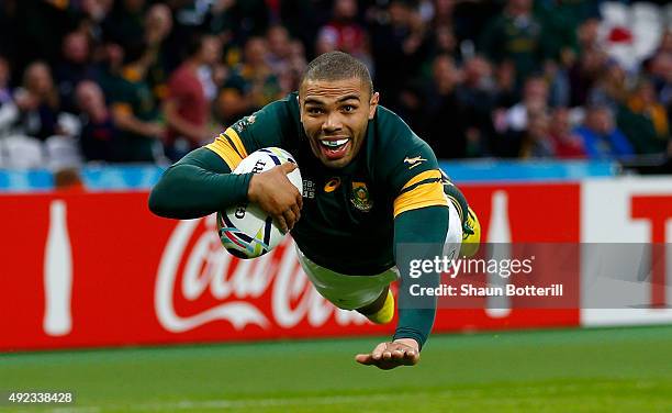 Bryan Habana of South Africa goes over for their third try during the 2015 Rugby World Cup Pool B match between South Africa and USA at Olympic...