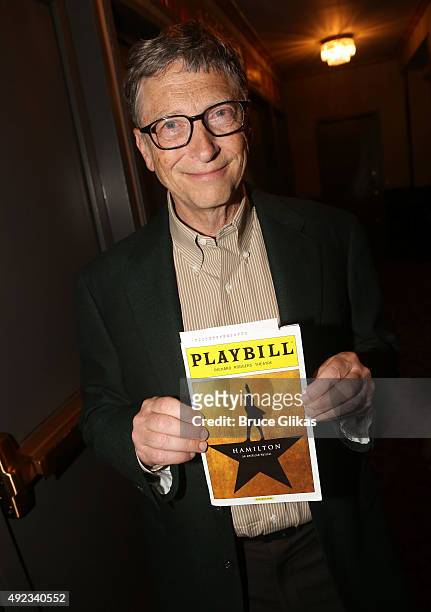 Bill Gates poses backstage at the hit musical "Hamilton" on Broadway at The Richard Rogers Theater on October 11, 2015 in New York City.