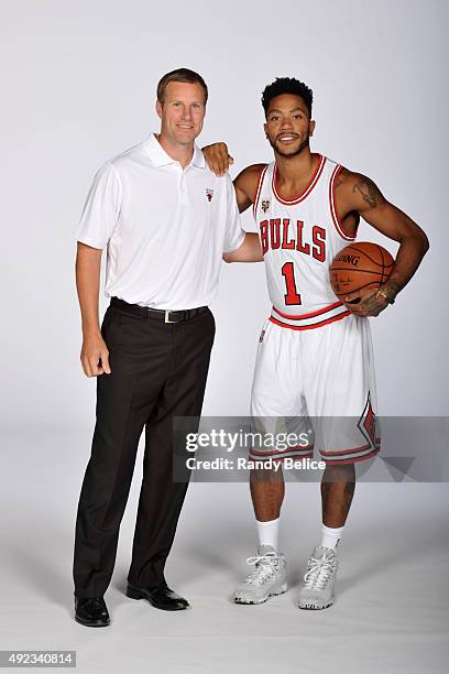 Fred Hoiberg and Derrick Rose of the Chicago Bulls poses for a portrait during Media Day on September 28, 2015 at the Advocate Center in Chicago,...