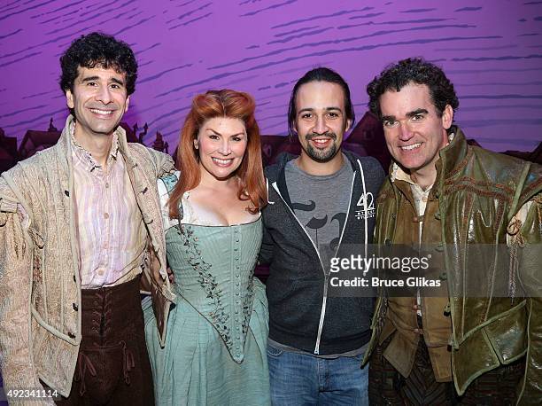 John Cariani, Heidi Blickenstaff, Lin-Manuel Miranda and Brian d'Arcy James pose backstage at the hit musical comedy "Something Rotten!" on Broadwat...