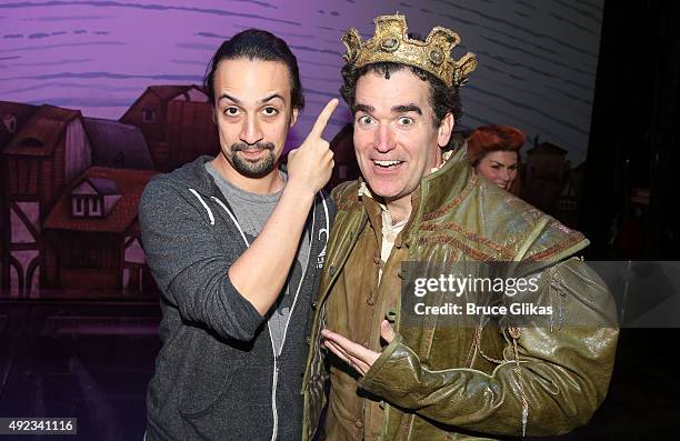 Lin-Manuel Miranda and Brian d'Arcy James pose backstage at the hit musical comedy "Something Rotten!" on Broadwat at The St. James Theater on...