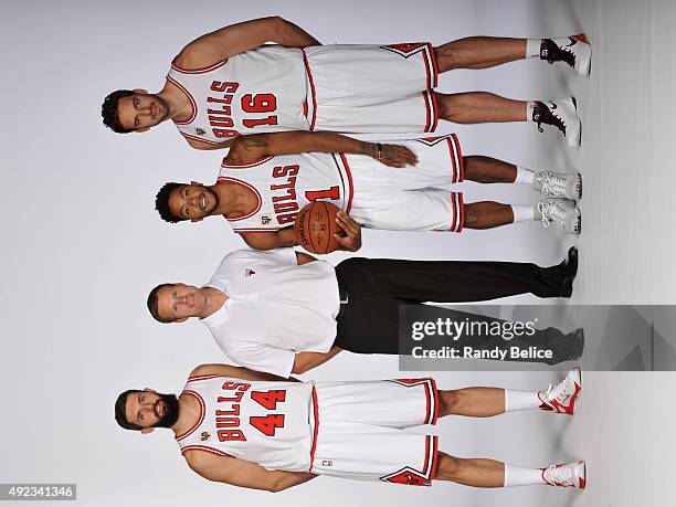 Nikola Mirotic, Fred Hoiberg, Derrick Rose and Pau Gasol of the Chicago Bulls of the Chicago Bulls of the Chicago Bulls poses for a portrait during...