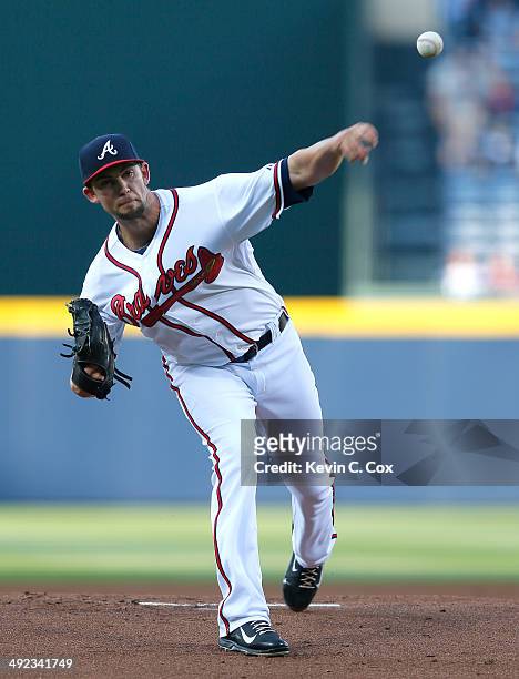 Mike Minor of the Atlanta Braves pitches in the first inning to the Milwaukee Brewers at Turner Field on May 19, 2014 in Atlanta, Georgia.