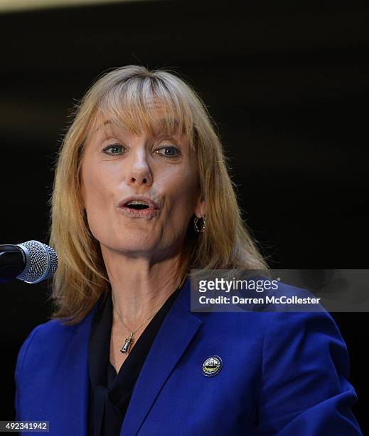 New Hampshire Gov. Maggie Hassan speaks at the No Labels Problem Solver convention October 12, 2015 in Manchester, New Hampshire. Eight presidential...