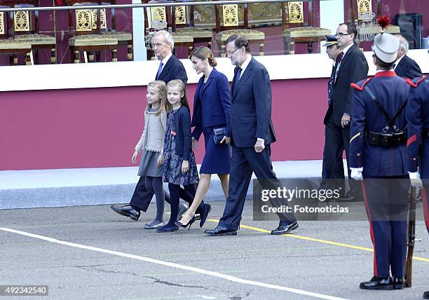 Minister Pedro Morenes, Princess Sofia of Spain, Princess Leonor of Spain, Queen Letizia of Spain and Primer Minister Mariano Rajoy attend the...