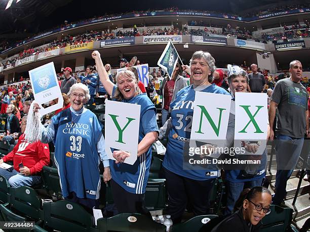 Fans of the Minnesota Lynx cheer during Game 3 of the 2015 WNBA Finals against the Indiana Fever on October 9, 2015 at Bankers Life Fieldhouse in...