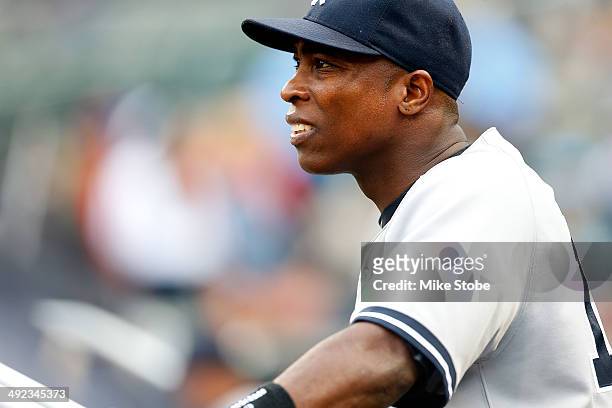 Alfonso Soriano of the New York Yankees looks on from the dugout prior to the game against the New York Mets on May 15, 2014 at Citi Field in the...