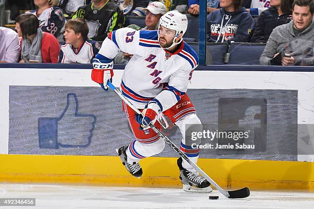Keith Yandle of the New York Rangers skates against the Columbus Blue Jackets on October 9, 2015 at Nationwide Arena in Columbus, Ohio.