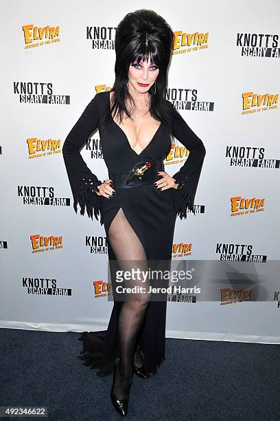 Elvira, Mistress of the Dark attends Knott's Scary Farm at Knott's Berry Farm on October 11, 2015 in Buena Park, California.