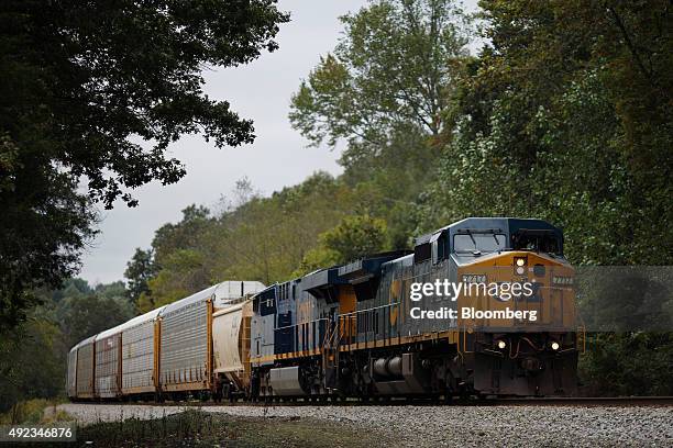 Northbound CSX Corp. Auto rack freight train travels through Bonnieville, Kentucky, U.S., on Thursday, Oct. 1, 2015. CSX Corp. Is scheduled to...