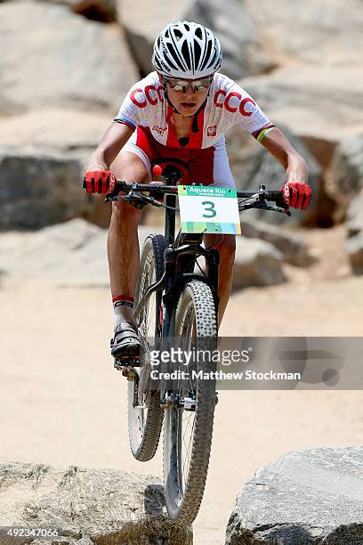 Maja Wloszcsowska of Poland competes in the International Mountain Bike Challenge at the Deodoro Sports Complex on October 11, 2015 in Rio de...