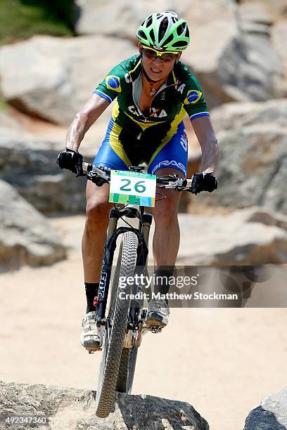 Erika Fernanda Gramiscelli of Brazil competes in the International Mountain Bike Challenge at the Deodoro Sports Complex on October 11, 2015 in Rio...