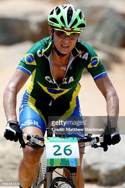 Erika Fernanda Gramiscelli of Brazil competes in the International Mountain Bike Challenge at the Deodoro Sports Complex on October 11, 2015 in Rio...