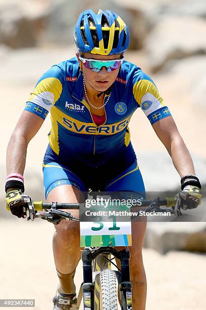Jenny Rissveds of Sweden competes in the International Mountain Bike Challenge at the Deodoro Sports Complex on October 11, 2015 in Rio de Janeiro,...