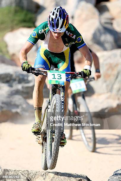 Henrique Avancini of Brazil competes in the International Mountain Bike Challenge at the Deodoro Sports Complex on October 11, 2015 in Rio de...