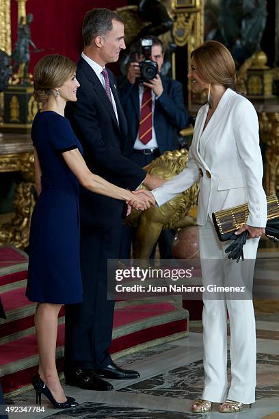 Queen Letizia of Spain, King Felipe VI of Spain and Marilo Montero attend Spain's National Day royal reception at Royal Palace in Madrid on October...