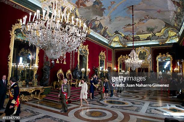 Queen Letizia of Spain and King Felipe VI of Spain attend Spain's National Day royal reception at Royal Palace in Madrid on October 12, 2015 in...