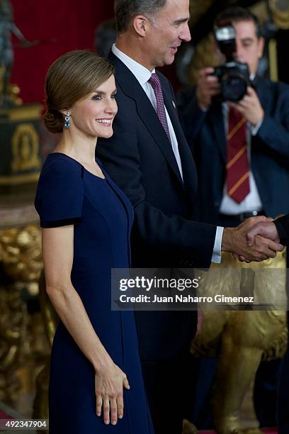 Queen Letizia of Spain and King Felipe VI of Spain attend Spain's National Day royal reception at Royal Palace in Madrid on October 12, 2015 in...