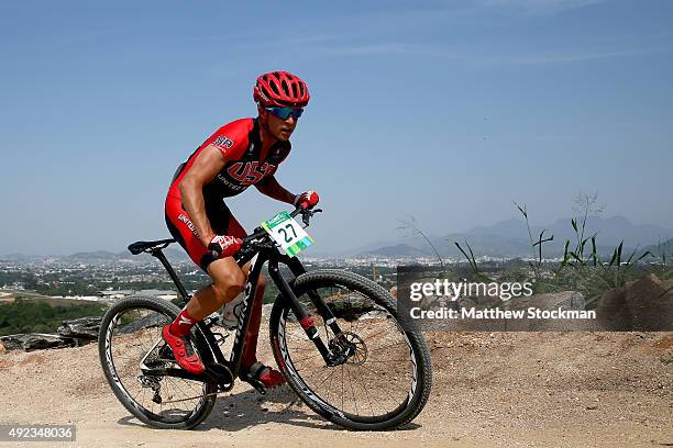 Howard Grotts of the United States competes in the International Mountain Bike Challenge at the Deodoro Sports Complex on October 11, 2015 in Rio de...