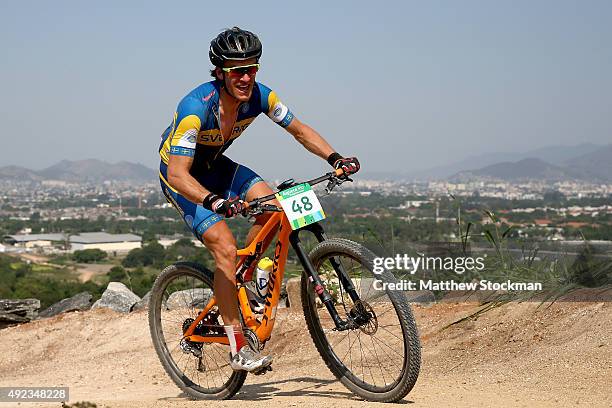 Matthias Wengelin of Sweden competes in the International Mountain Bike Challenge at the Deodoro Sports Complex on October 11, 2015 in Rio de...