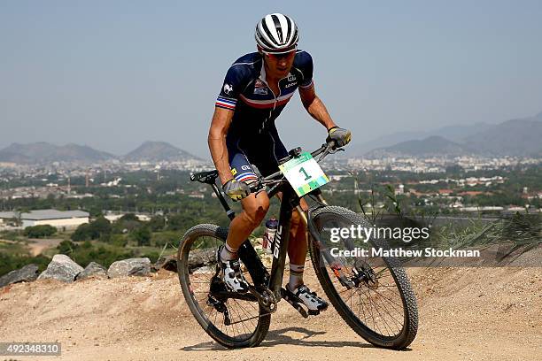 Julien Absalon of France competes in the International Mountain Bike Challenge at the Deodoro Sports Complex on October 11, 2015 in Rio de Janeiro,...