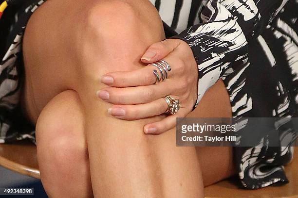Nikki Reed, jewelry detail, visits the SiriusXM Studios during New York Comic-Con at The Jacob K. Javits Convention Center on October 11, 2015 in New...
