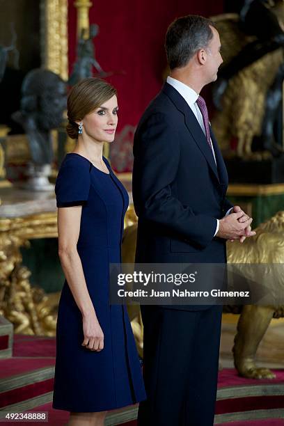 Queen Letizia of Spain and King Felipe VI of Spain attend Spain's National Day royal reception at Royal Palace in Madrid on October 12, 2015 in...