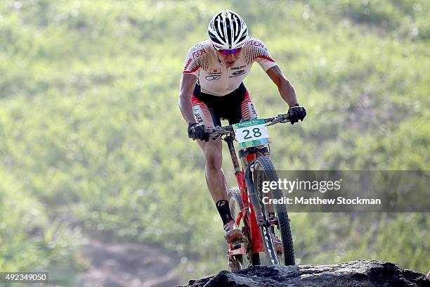Kohei Yamamoto of Japan competes in the International Mountain Bike Challenge at the Deodoro Sports Complex on October 11, 2015 in Rio de Janeiro,...