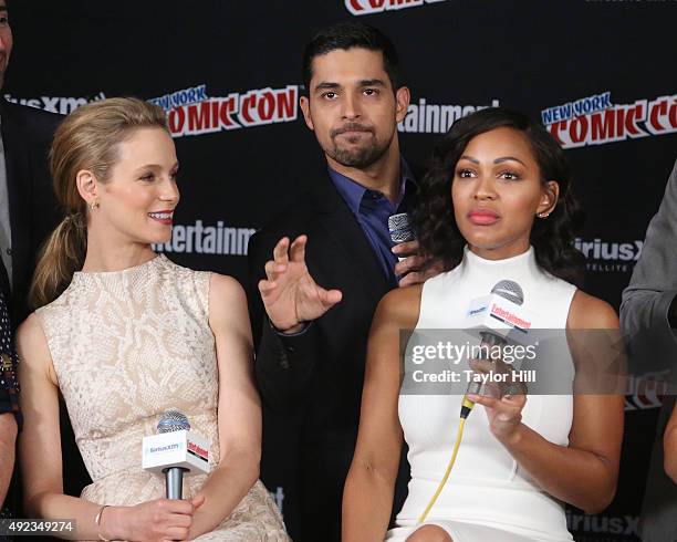 Laura Regan, Wilmer Valderrama, and Meagan Good visit the SiriusXM Studios during New York Comic-Con at The Jacob K. Javits Convention Center on...