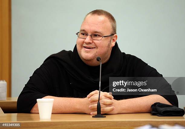 Kim Dotcom appears at Auckland High court on May 20, 2014 in Auckland, New Zealand. John Banks has been charged with filing a false electoral return...