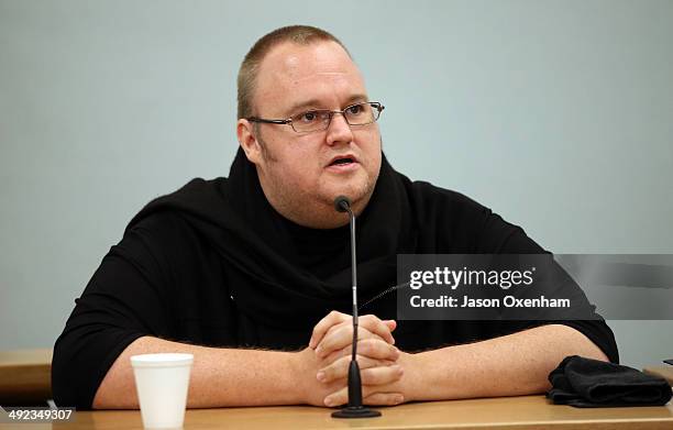 Kim Dotcom appears at Auckland High court on May 20, 2014 in Auckland, New Zealand. John Banks has been charged with filing a false electoral return...