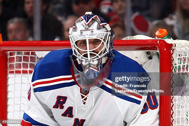 Henrik Lundqvist of the New York Rangers reacts after a play against the Montreal Canadiens during the second period in Game Two of the Eastern...