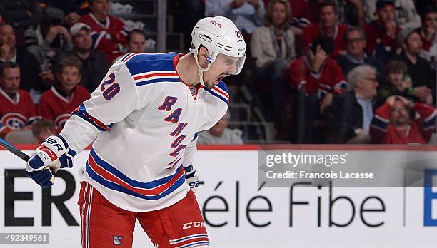 Chris Kreider of the New York Rangers celebrates the goal by Martin St. Louis against the Montreal Canadiens in Game Two of the Eastern Conference...