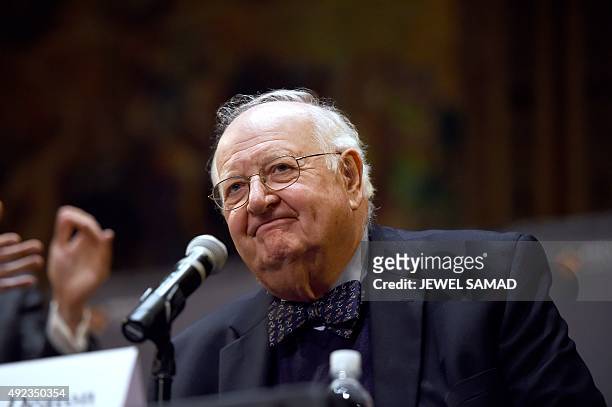 British microeconomist Angus Deaton reacts to applause as he attends a press conference after winning the Nobel Prize for Economics at Princeton...
