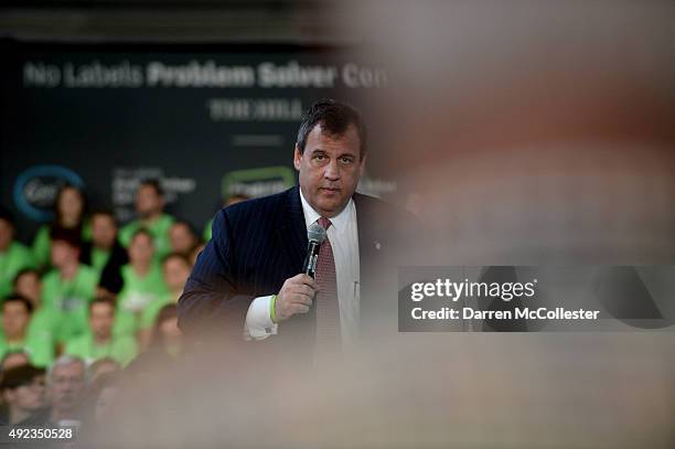 Republican Presidential candidate and New Jersey Gov. Chris Christie takes a question from the audience at the No Labels Problem Solver convention...