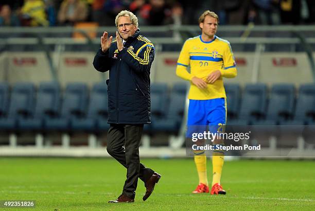 Sweden Manager Erik Hamren applauds the crowd after the UEFA EURO 2016 Qualifying match between Sweden and Moldova at the National Stadium Friends...