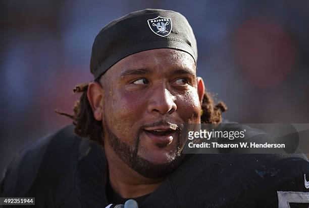 Donald Penn of the Oakland Raiders looks on from the sidelines against the Denver Broncos during the fourth quarter at the O.co Coliseum on October...