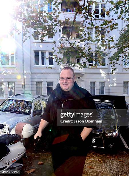 Kim Dotcom arrives back at Auckland High court after a lunch break on May 20, 2014 in Auckland, New Zealand. John Banks has been charged with filing...