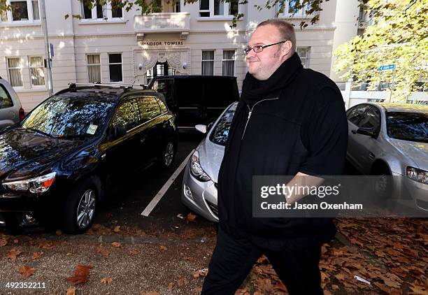 Kim Dotcom arrives back at Auckland High court after a lunch break on May 20, 2014 in Auckland, New Zealand. John Banks has been charged with filing...