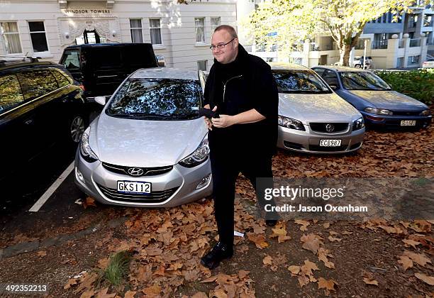 Kim Dotcom arrives back at Auckland High court after a lunch break on May 20, 2014 in Auckland, New Zealand. John Banks has been charged with filing...