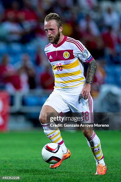 Johnny Russell of Scotland during the UEFA EURO 2016 Qualifying round Group G controls the ball match between Gibraltar and Scotland at Estadio...