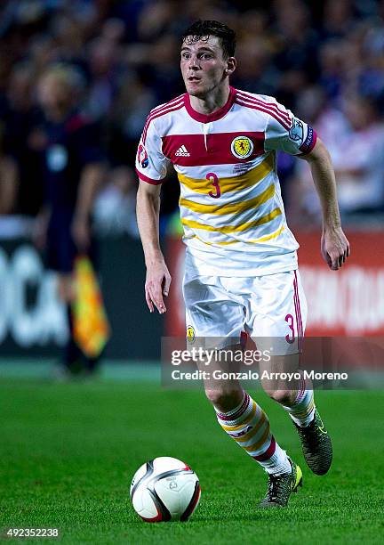 Andrew Robertson of Scotland during the UEFA EURO 2016 Qualifying round Group G controls the ball match between Gibraltar and Scotland at Estadio...