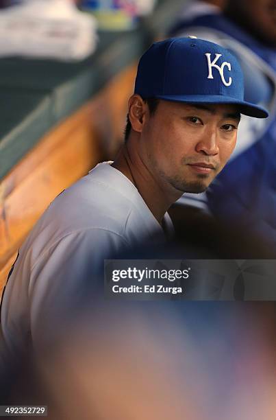 Norichika Aoki of the Kansas City Royals sits in the dugout as he waits to take to the field prior to a game against the Chicago White Sox at...