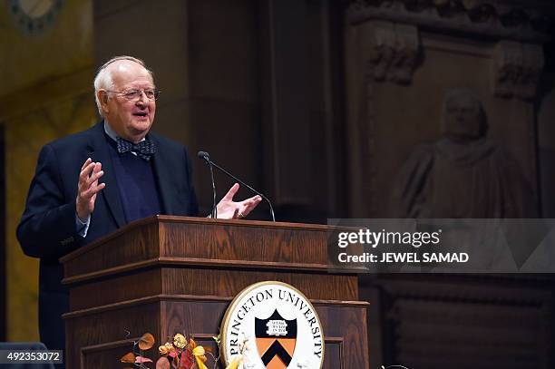 British economist Angus Deaton speaks at a press conference after winning the Nobel Prize for Economics at Princeton University in Princeton, New...