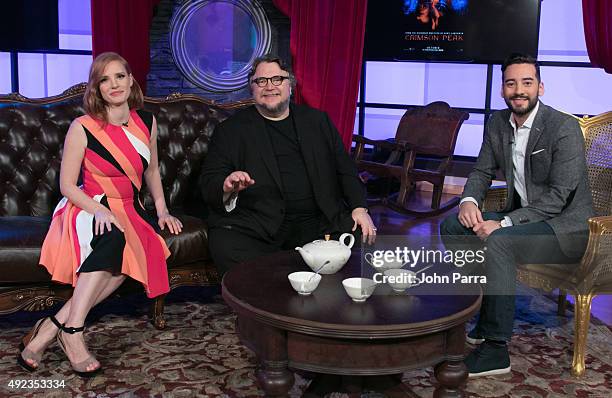 Jessica Chastain, Guillermo Del Toro and Francisco Cceres on the set of Telemundo's "Un Nuevo Dia" to discuss the film "Crimson Peak". Telemundo...